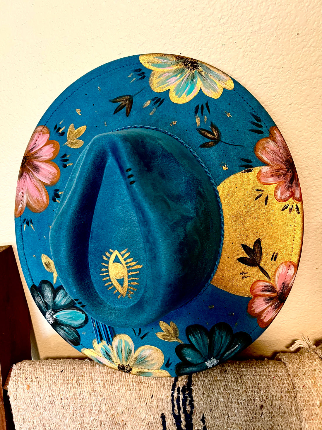 ONE SIZE: Vegan Suede Golden Moon & Florals - Wide Brim Fedora